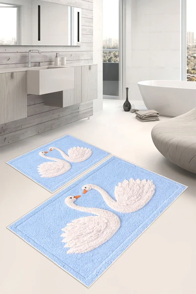 Kuğu Desenli Dijital Baskılı Yıkanabilir 2li Banyo Paspası (50x60-60x100) Mavi ürün görseli 1