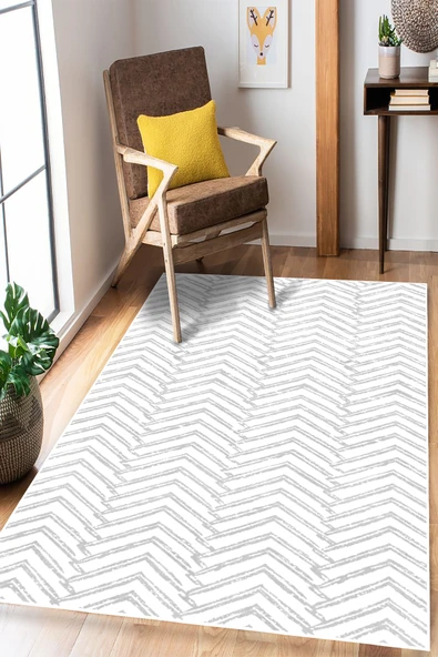 Zigzag Desenli Dijital Baskılı Kaymaz Taban Yıkanabilir Salon Oturma Odası Mutfak Hol Halısı Yolluk 80 x 150 cm Gri ürün görseli 1