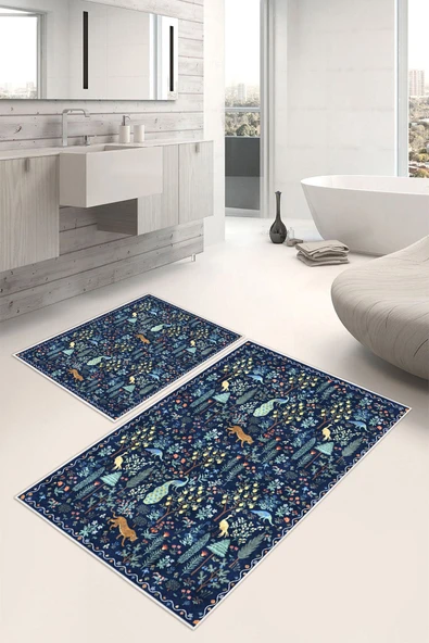 Modern Desenli Baskılı Kaymaz Taban 2li Set Banyo Paspası Klozet Takımı (50x60cm-60x100cm) Lacivert ürün görseli 1