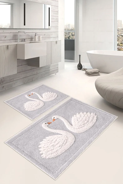 Kuğu Desenli Dijital Baskılı Yıkanabilir 2li Banyo Paspası (50x60-60x100) Gri ürün görseli 1