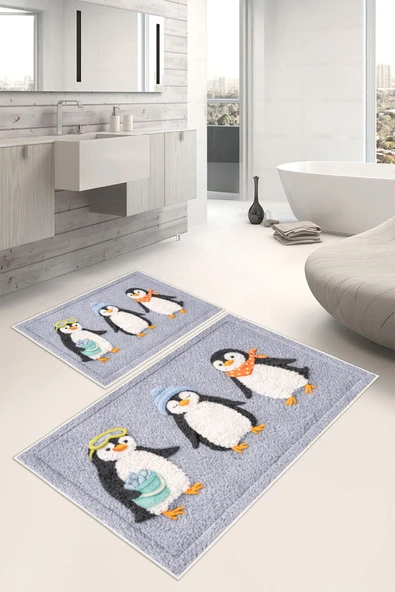 Penguen Desenli Dijital Baskılı Yıkanabilir 2li Banyo Paspası (50x60-60x100) Gri ürün görseli 1