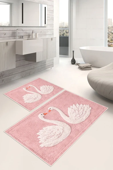 Kuğu Desenli Dijital Baskılı Yıkanabilir 2li Banyo Paspası (50x60-60x100) Pembe ürün görseli 1