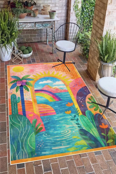 Tropikal Desen Dijital Baskılı Kaymaz Yıkanabilir Salon Oturma Odası Hol Antre Balkon Halısı Yolluk 80 x 400 cm Çok Renkli ürün görseli 1