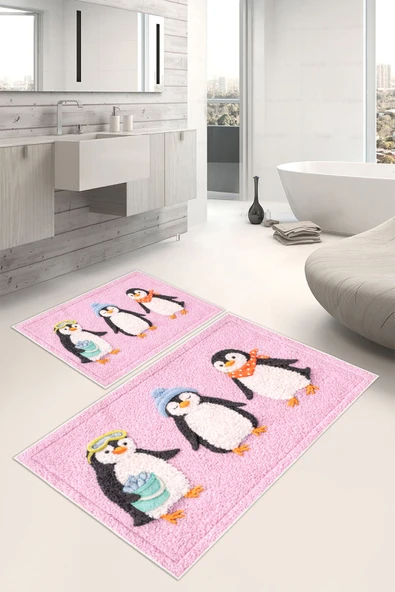 Penguen Desenli Dijital Baskılı Yıkanabilir 2li Banyo Paspası (50x60-60x100) Pembe ürün görseli 1