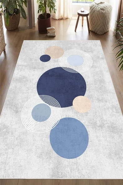 Dijital Baskılı Modern Desenli Mavi Kaymaz Taban Yıkanabilir Halı 200 x 250 cm Mavi ürün görseli 1