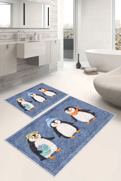 Penguen Desenli Dijital Baskılı Yıkanabilir 2li Banyo Paspası (50x60-60x100) Lacivert ürün görseli 1