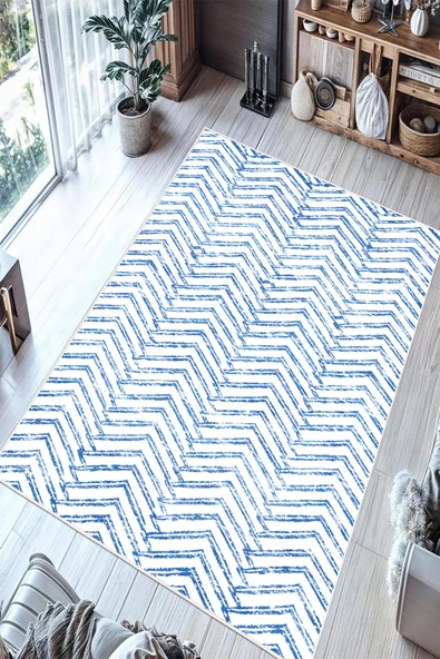 Zigzag Desenli Dijital Baskılı Kaymaz Taban Yıkanabilir Salon Oturma Odası Mutfak Hol Halısı Yolluk 100 x 300 cm Mavi ürün görseli 1