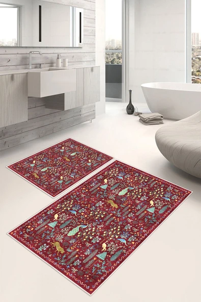 Modern Desenli Baskılı Kaymaz Taban 2li Set Banyo Paspası Klozet Takımı (50x60cm-60x100cm) Kırmızı ürün görseli 1