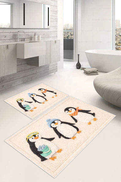 Penguen Desenli Dijital Baskılı Yıkanabilir 2li Banyo Paspası (50x60-60x100) Bej ürün görseli 1