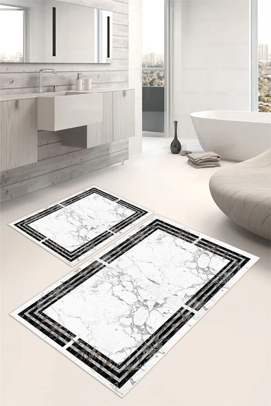 Çerçeveli Mermer Desenli Dijital Baskılı Yıkanabilir 2li Banyo Paspası Gri ürün görseli 1