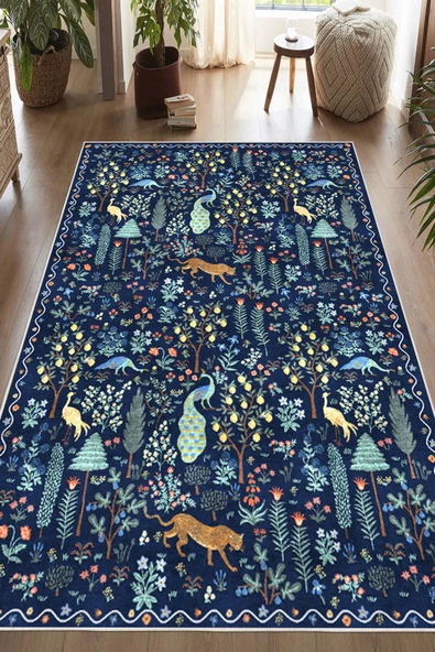 Dijital Baskılı Modern Desenli Renkli Kaymaz Taban Yıkanabilir Halı 80 x 250 cm Lacivert ürün görseli 1