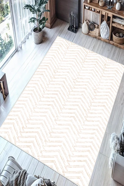 Zigzag Desenli Dijital Baskılı Kaymaz Taban Yıkanabilir Salon Oturma Odası Mutfak Hol Halısı Yolluk 80 x 200 cm Bej ürün görseli 1