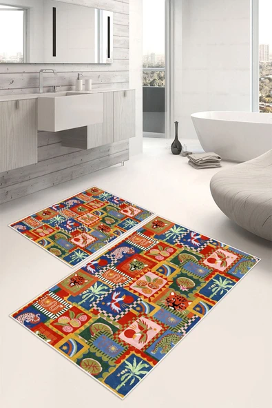 Modern Hayvan Desenli Baskılı Kaymaz Taban 2li Set Banyo Paspası Klozet Takımı (50x60cm-60x100cm) Çok Renkli ürün görseli 1