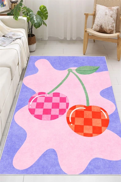 Kiraz Desenli Dijital Baskılı Kaymaz Taban Yıkanabilir Dekoratif Halı 120 x 180 cm Çok Renkli ürün görseli 1