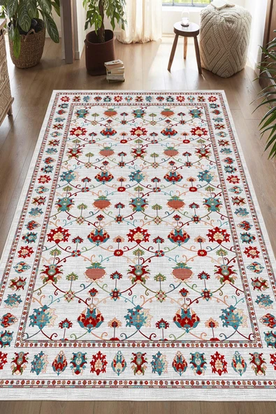 Dijital Baskılı Renkli Kilim Desenli Kaymaz Taban Yıkanabilir Halı 160 x 250 cm Çok Renkli ürün görseli 1