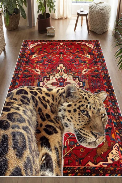 Bordo Etnik Desenli Leopar Figürlü Yıkanabilir Kaymaz Halı  200 x 290 cm Bordo ürün görseli 1