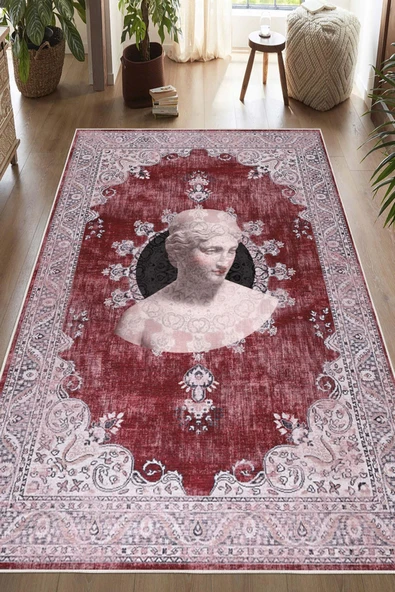 Antik Büst Desenli Bordo Kaymaz Taban Yıkanabilir Halı 160 x 250 cm Bordo ürün görseli 1