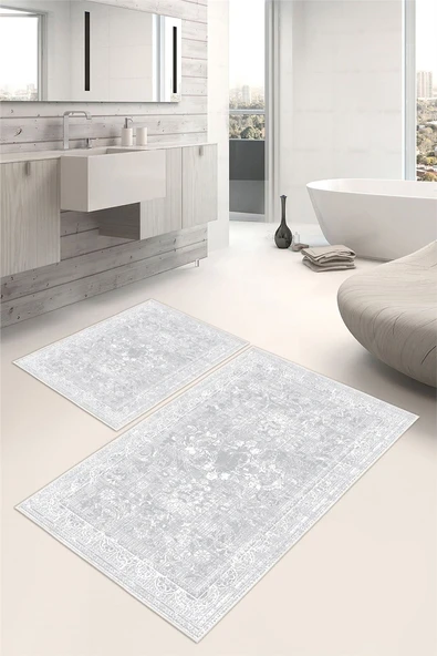 Vintage Eskitme Desenli Dijital Baskılı Yıkanabilir 2li Banyo Paspası Gri ürün görseli 1