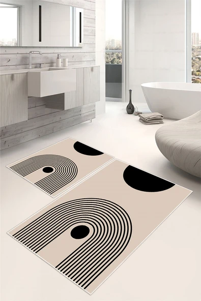Modern Desenli Dijital Baskılı Kaymaz Yıkanabilir 2li Banyo Paspası Bej ürün görseli 1