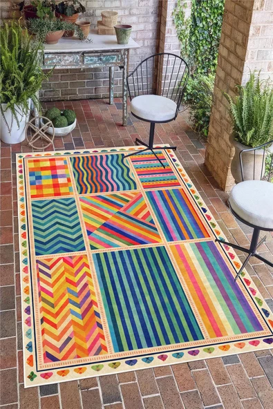 Renkli Geometrik Desenli Dijital Baskılı Kaymaz Taban Yıkanabilir Halı 100 x 200 cm Çok Renkli ürün görseli 1