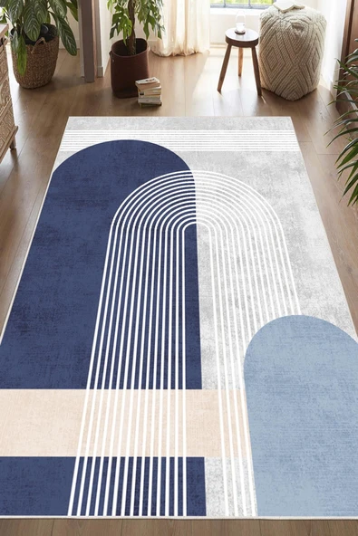 Dijital Baskılı Modern Desenli Kaymaz Taban Yıkanabilir Mavi Halı 200 x 400 cm Mavi ürün görseli 1
