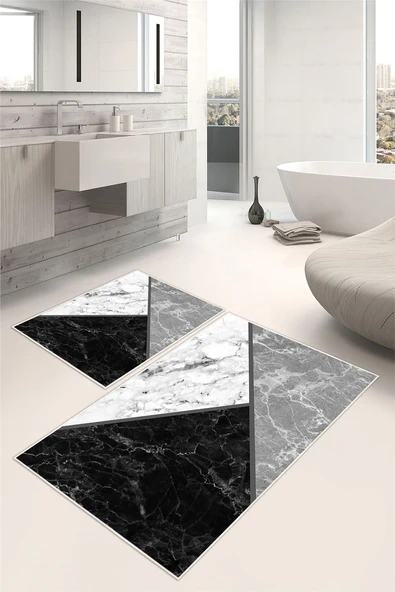 Modern Geometrik Desenli Dijital Baskılı Yıkanabilir 2li Banyo Paspası Gri ürün görseli 1