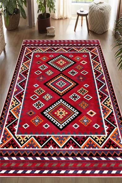 Kırmızı Etnik Kilim Desenli Dijital Baskılı Kaymaz Taban Yıkanabilir Halı 200 x 250 cm Kırmızı ürün görseli 1