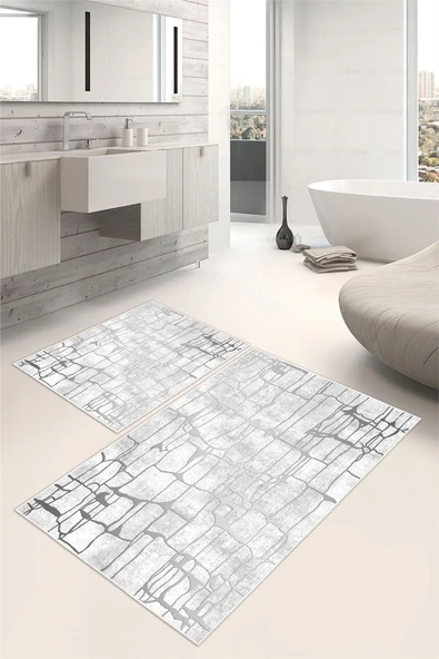 Modern Desenli Gri Dijital Baskılı Yıkanabilir 2li Banyo Paspası Gri ürün görseli 1
