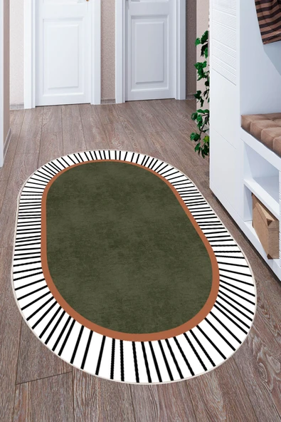 Modern Çizgili Oval Dijital Baskılı Kaymaz Taban Yıkanabilir Halı Salon Oturma Odası Antre Hol Halısı 200 x 300 cm Yeşil ürün görseli 1