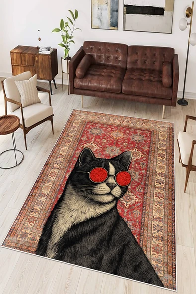 Kedi Figürlü Dijital Baskılı Yıkanabilir Kaymaz Taban Salon Oturma Odası Dekoratif Halı 80 x 400 cm Gri ürün görseli 1