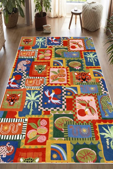 Dijital Baskılı Modern Hayvan Desenli Çok Renkli Kaymaz Taban Yıkanabilir Halı 160 x 250 cm Çok Renkli ürün görseli 1
