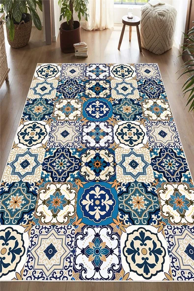 Dijital Baskılı Renkli Çini Desenli Kaymaz Taban Yıkanabilir Halı 120 x 200 cm Çok Renkli ürün görseli 1