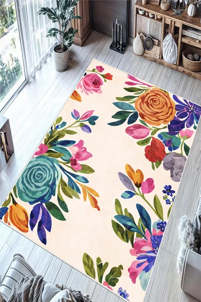 Renkli Çiçek Desenli Dijital Baskılı Kaymaz Taban Yıkanabilir Salon Oturma Odası Mutfak Halısı Yolluk 80 x 400 cm Çok Renkli ürün görseli 1