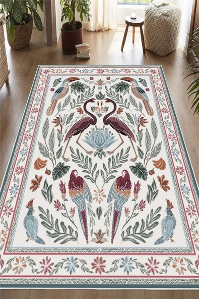 Dijital Baskılı Renkli Flamingo Desenli  Kaymaz Taban Yıkanabilir Halı 100 x 400 cm Çok Renkli ürün görseli 1