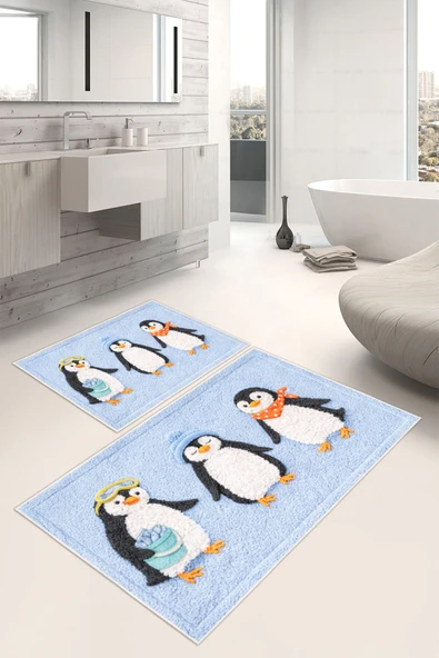 Penguen Desenli Dijital Baskılı Yıkanabilir 2li Banyo Paspası (50x60-60x100) Açık Mavi ürün görseli 1
