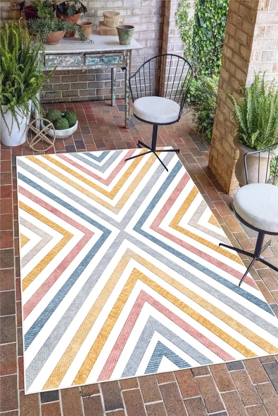 Renkli Geometrik Çizgili Baskılı Kaymaz Yıkanabilir Salon Oturma Odası Mutfak Balkon Halısı 100 x 200 cm Çok Renkli ürün görseli 1