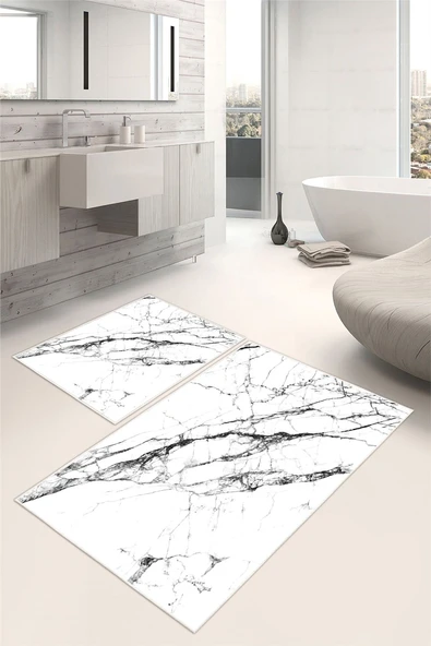 Mermer Desenli Dijital Baskılı Yıkanabilir 2li Banyo Paspası Siyah ürün görseli 1