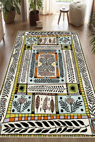 Dijital Baskılı Renkli Çiçek Motifli Kaymaz Taban Yıkanabilir Halı 120 x 180 cm Çok Renkli ürün görseli 1