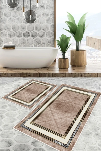 Çerçeve Desenli Dijital Baskılı Yıkanabilir 2li Banyo Paspası Vizon ürün görseli 1