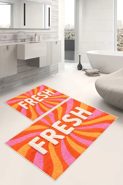 Fresh Yazılı Dijital Baskılı Yıkanabilir 2li Banyo Paspası (50x60-60x100) Turuncu ürün görseli 1