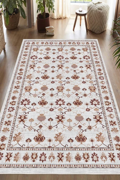 Dijital Baskılı Renkli Kilim Desenli Kaymaz Taban Yıkanabilir Halı 50 x 60 cm Gri