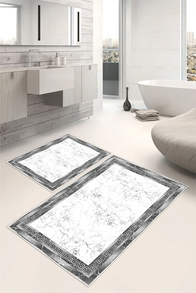 Çerçeveli Modern Desenli Dijital Baskılı Yıkanabilir 2li Banyo Paspası Gri ürün görseli 1