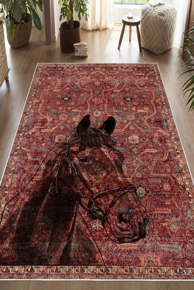 Kilim Desenli At Figurlu Yıkanabilir Kaymaz Taban Bordo Halı 200 x 400 cm Bordo ürün görseli 1