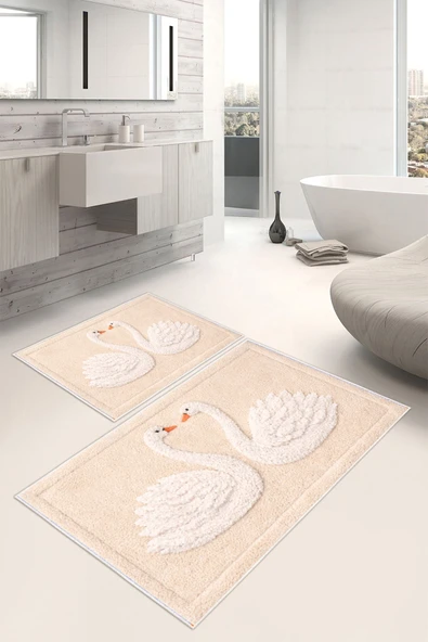 Kuğu Desenli Dijital Baskılı Yıkanabilir 2li Banyo Paspası (50x60-60x100) Bej ürün görseli 1