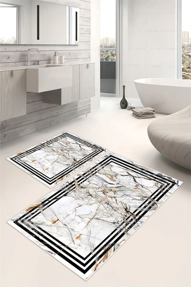 Çerçeveli Mermer Desen Dijital Baskılı Yıkanabilir 2li Banyo Paspası Siyah ürün görseli 1