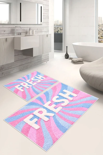 Fresh Yazılı Dijital Baskılı Yıkanabilir 2li Banyo Paspası (50x60-60x100) Pembe ürün görseli 1
