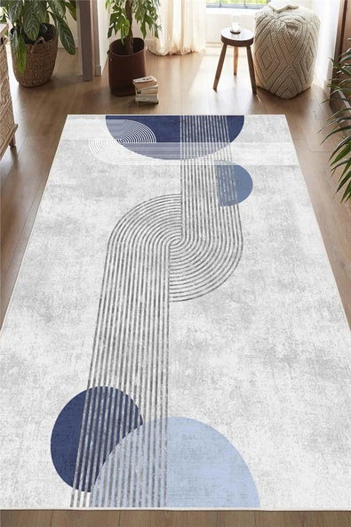 Dijital Baskılı Mavi Modern Desenli Kaymaz Taban Yıkanabilir Halı 180 x 280 cm Mavi ürün görseli 1