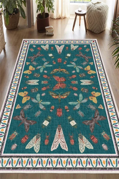 Dijital Baskılı Renkli Kelebek Desenli  Kaymaz Taban Yıkanabilir Halı 120 x 180 cm Yeşil ürün görseli 1