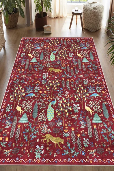 Dijital Baskılı Modern Desenli Renkli Kaymaz Taban Yıkanabilir Halı 200 x 290 cm Bordo ürün görseli 1