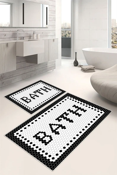 Bath Yazılı Dijital Baskılı Kaymaz Yıkanabilir 2li Banyo Paspası Siyah ürün görseli 1
